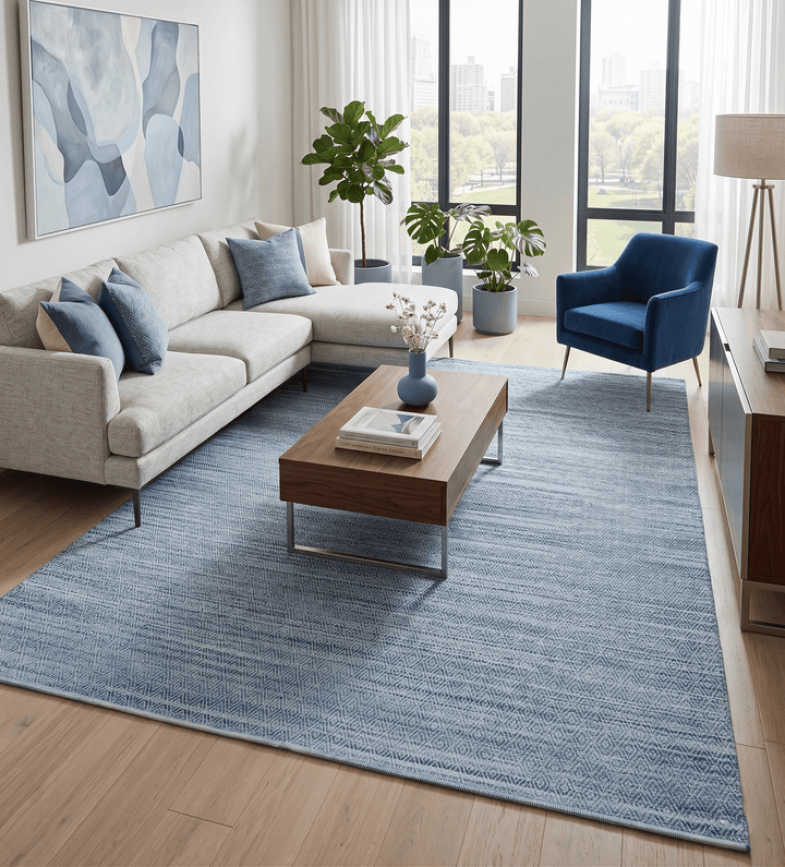 Handmade Boho Ivory and Blue Wool Blend Dhurrie Rug - The Rug Decor