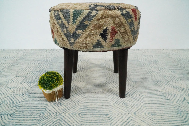 Handmade Boho Natural Brown and Blue Wooden Stool - The Rug Decor