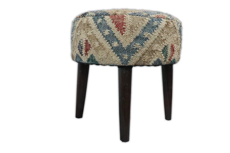 Handmade Boho Natural Brown and Blue Wooden Stool - The Rug Decor