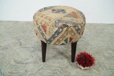 Handmade Boho Natural Brown and Blue Wooden Stool - The Rug Decor