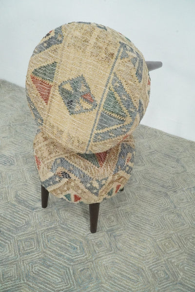 Handmade Boho Natural Brown and Blue Wooden Stool - The Rug Decor