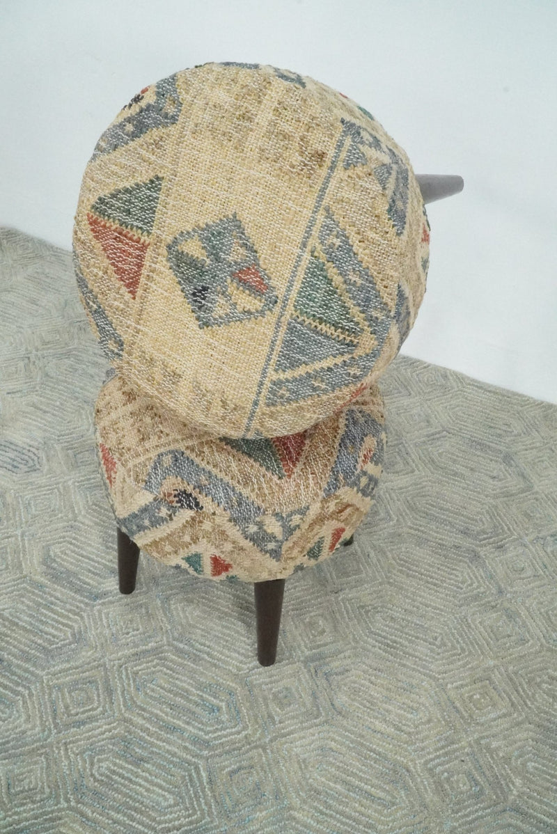 Handmade Boho Natural Brown and Blue Wooden Stool - The Rug Decor