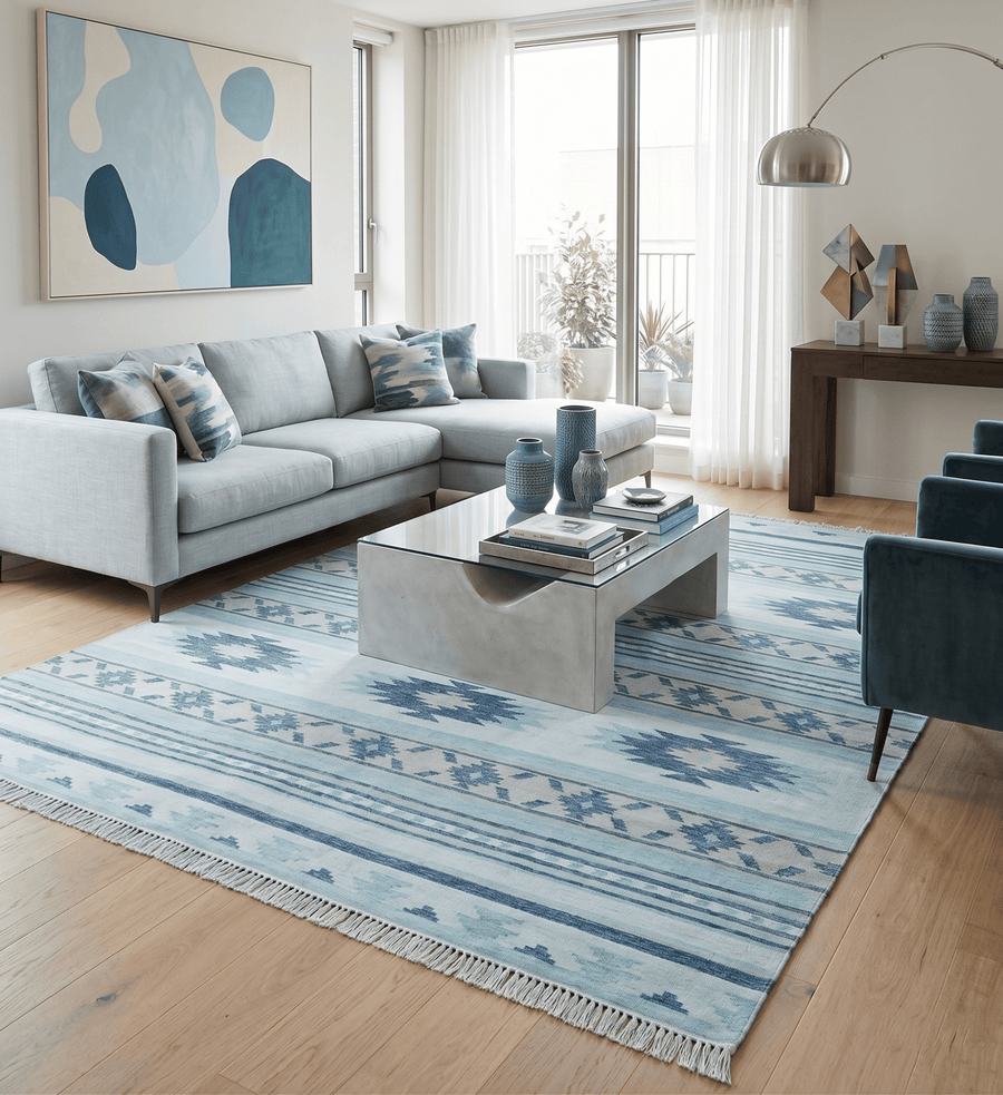 Handmade Modern Style Blue Wool Blend Dhurrie Rug - The Rug Decor