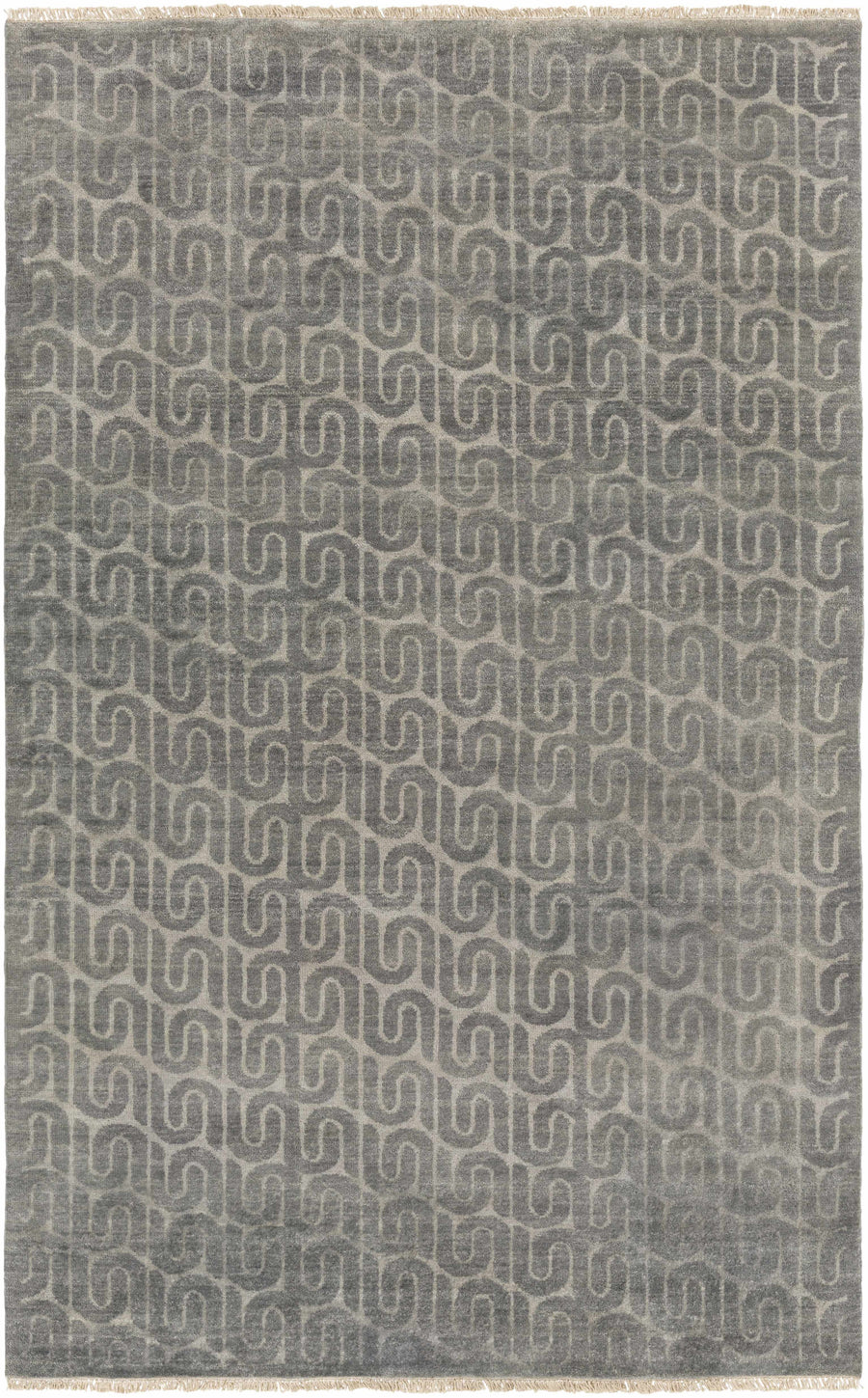 Gray wool area rug with contemporary geometric hand-knotted pattern, rectangular