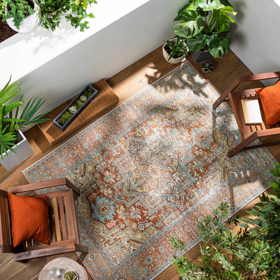 Hardwick Rust And Blue Traditional Style Outdoor Area Rug - The Rug Decor