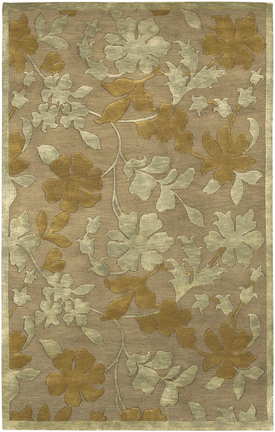 Olive and brown floral wool area rug with hand-knotted leaf pattern