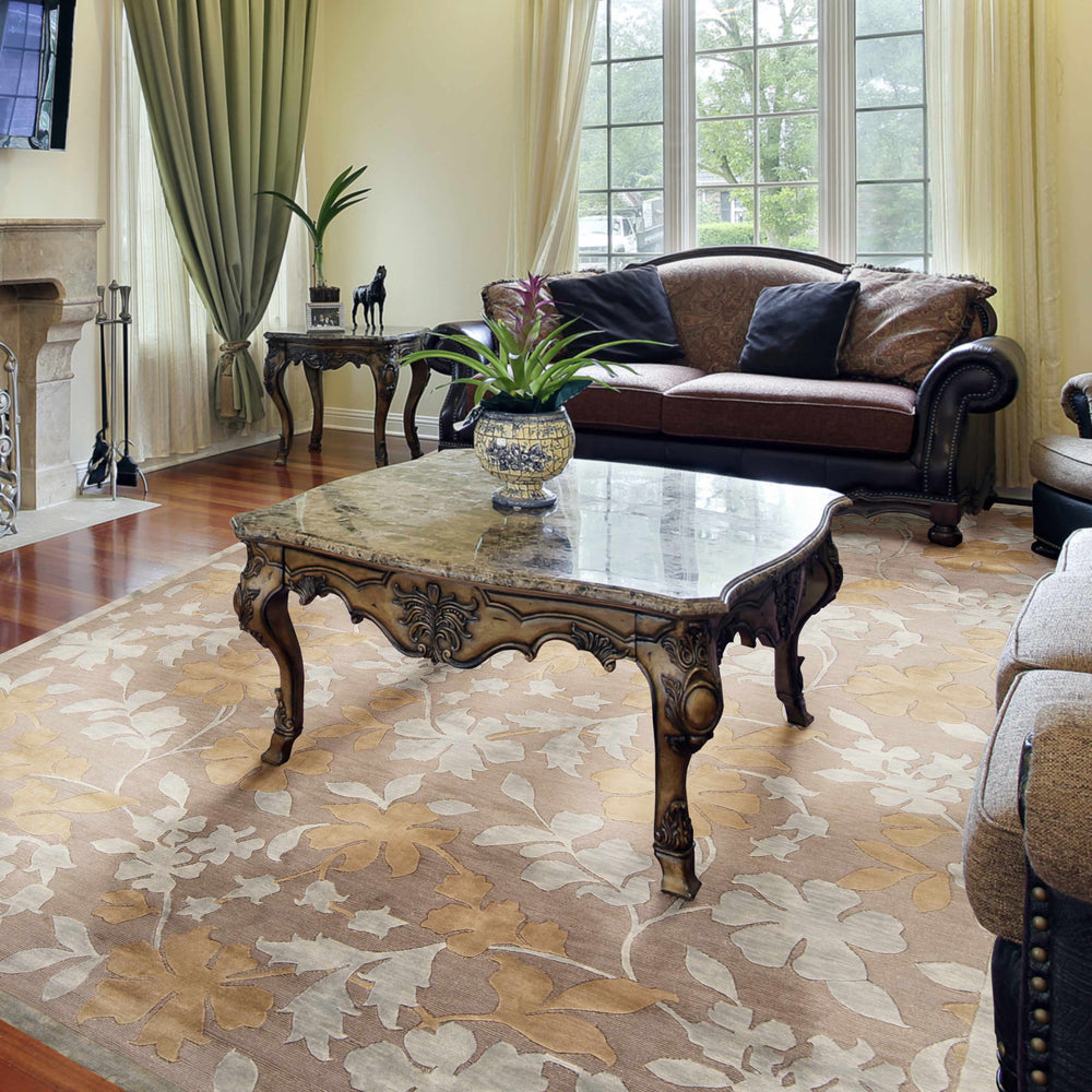 Rectangular olive and brown floral area rug with hand-knotted leaf design