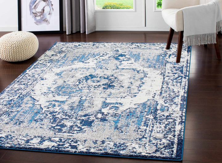 Hartshorne Traditional Design Ivory And Blue Rug - The Rug Decor