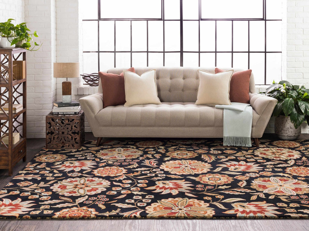 Heaters Traditional Floral Design Black And Beige Rug - The Rug Decor