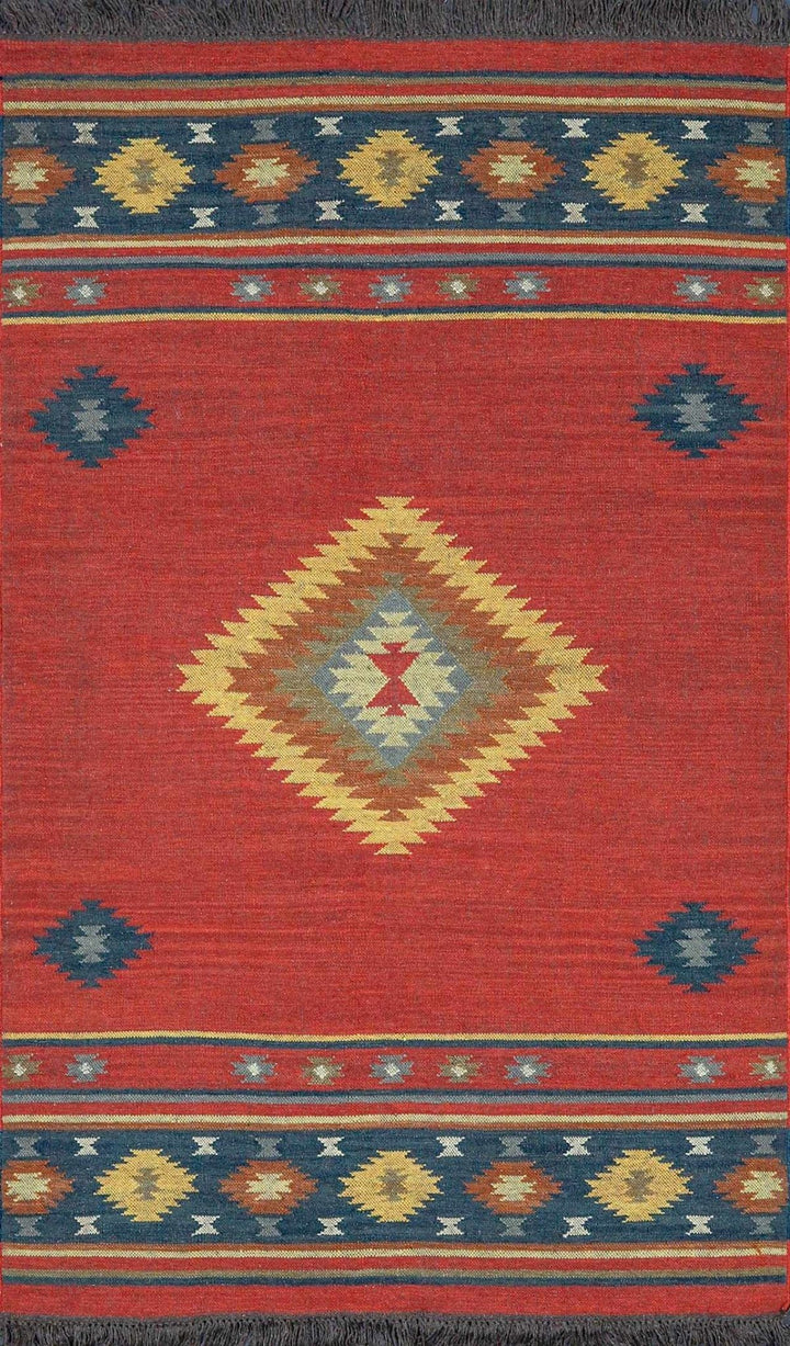 Hedon Bohemian Maroon And Blue Wool Area Rug - The Rug Decor