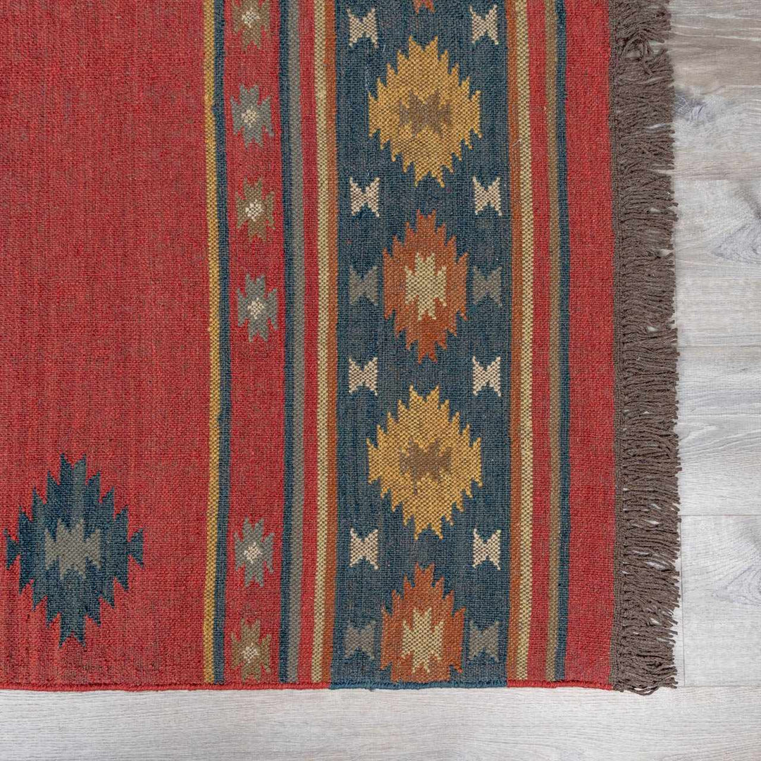 Hedon Bohemian Maroon And Blue Wool Area Rug - The Rug Decor