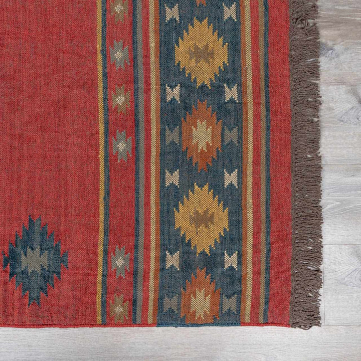 Hedon Bohemian Maroon And Blue Wool Area Rug - The Rug Decor