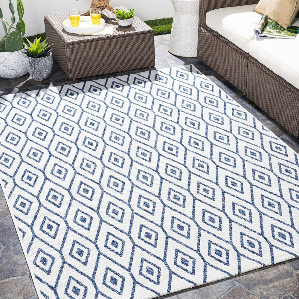 Henty Ivory And Blue Modern Geometrical Design Outdoor Area Rug - The Rug Decor