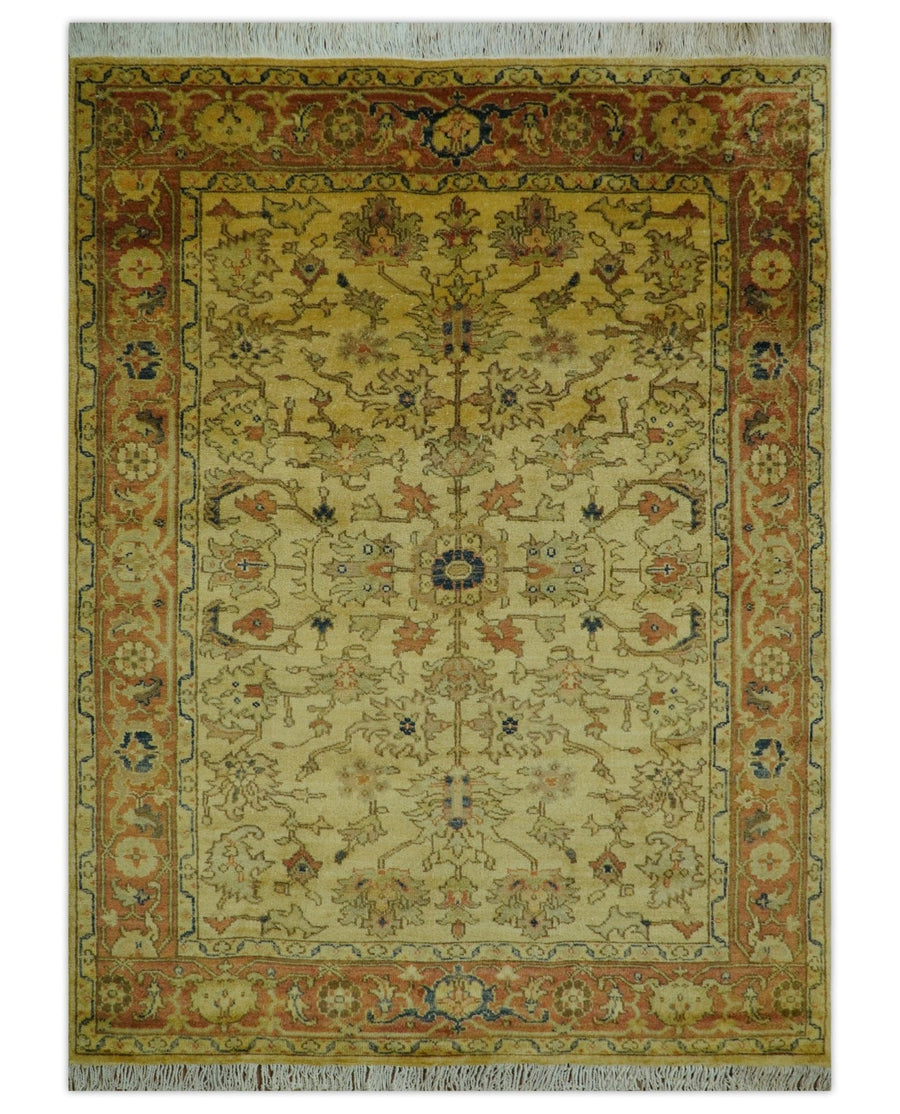 Heriz Traditional Design Gold And Rust 5x6.7 Hand Knotted Wool Area Rug - The Rug Decor