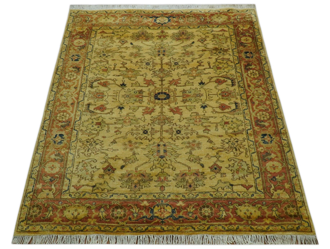 Heriz Traditional Design Gold And Rust 5x6.7 Hand Knotted Wool Area Rug - The Rug Decor