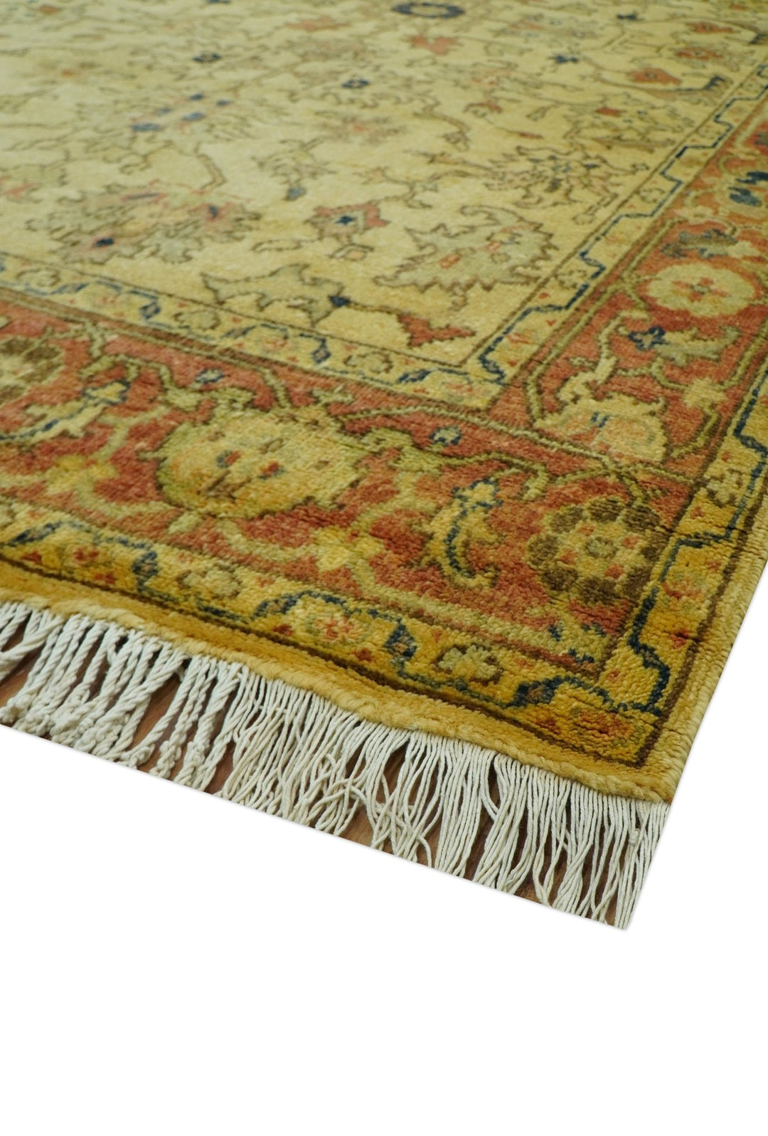 Heriz Traditional Design Gold And Rust 5x6.7 Hand Knotted Wool Area Rug - The Rug Decor
