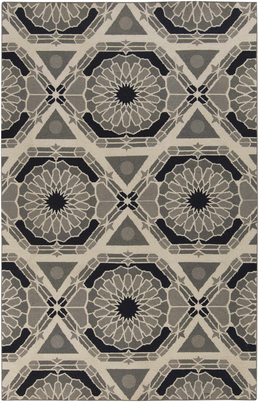 Hand-knotted wool area rug with geometric black and gray octagon pattern