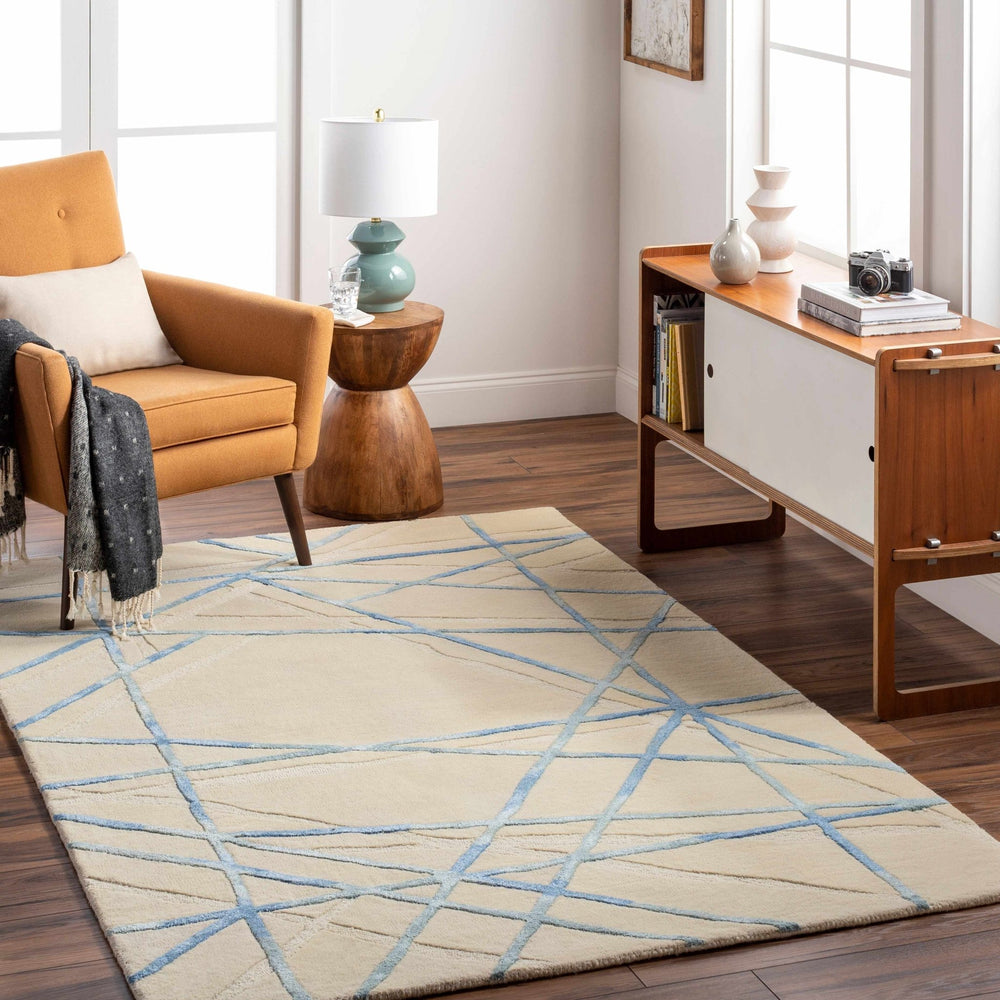 Hiba Modern Style Beige And Blue Hand Tufted Wool Rug - The Rug Decor