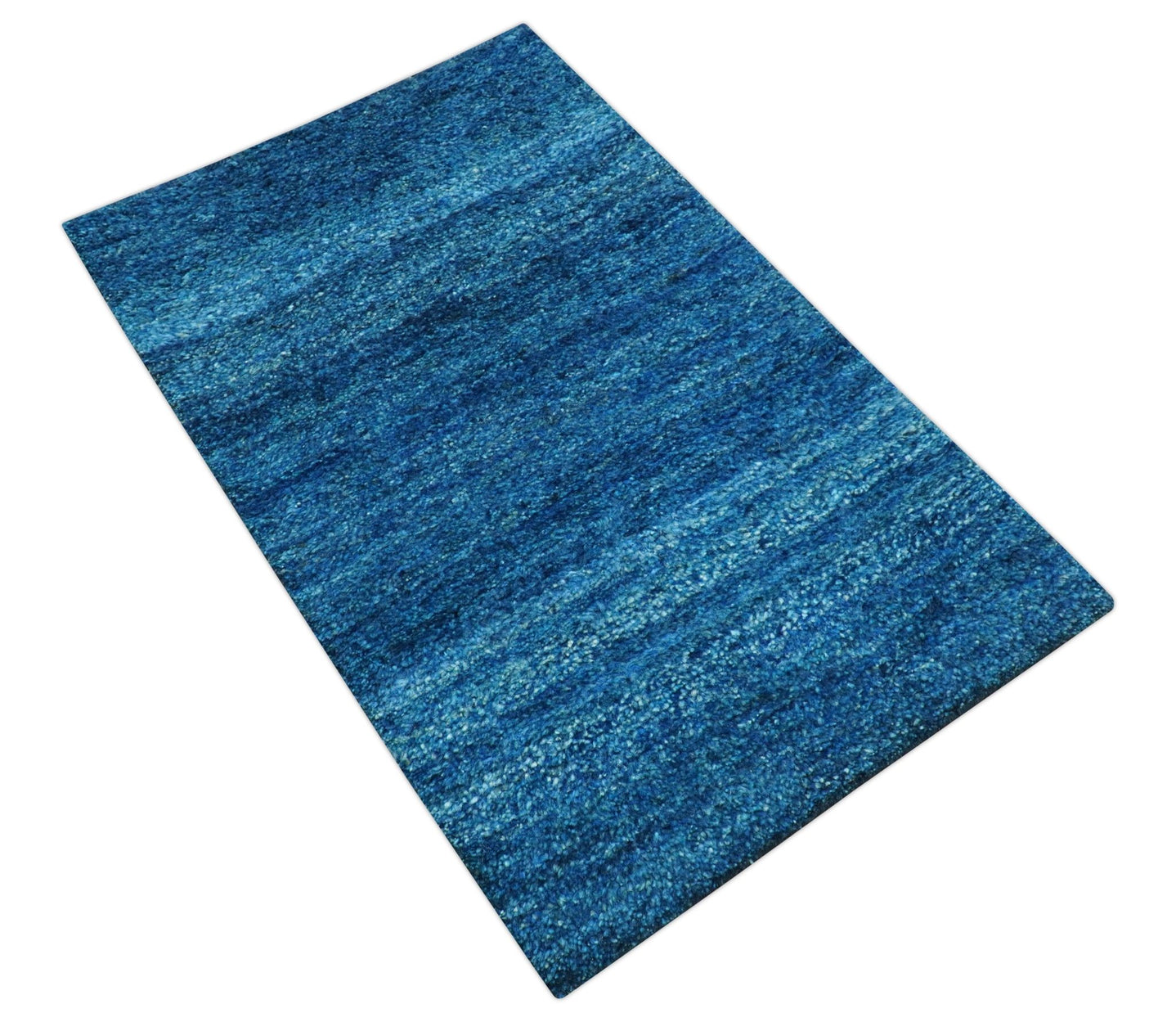 High Pile Blue Hand knotted Contemporary Custom Made Solid Afghan wool Area Rug - The Rug Decor