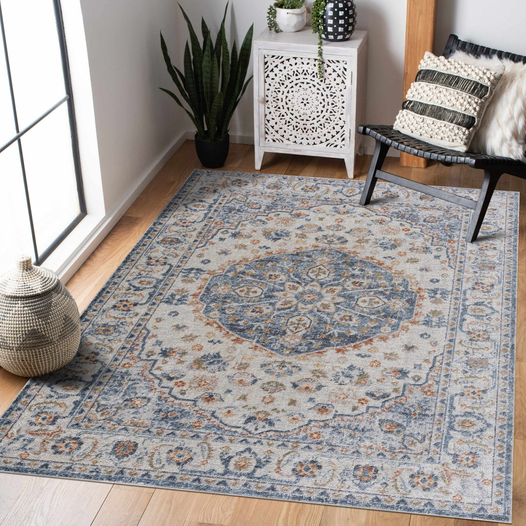 Hiti Traditional Medallion Design Blue & Cream Washable Rug - The Rug Decor