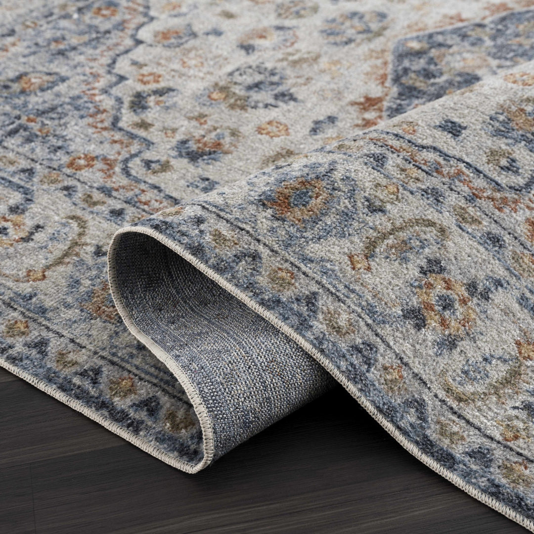 Hiti Traditional Medallion Design Blue & Cream Washable Rug - The Rug Decor