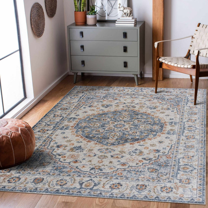 Hiti Traditional Medallion Design Blue & Cream Washable Rug - The Rug Decor