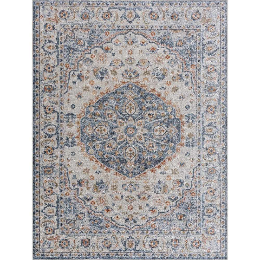 Hiti Traditional Medallion Design Blue & Cream Washable Rug - The Rug Decor