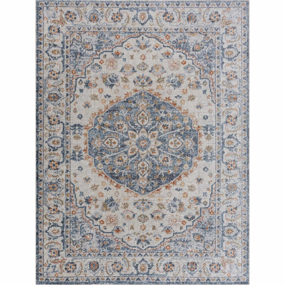 Hiti Traditional Medallion Design Blue & Cream Washable Rug - The Rug Decor