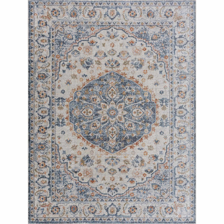 Hiti Traditional Medallion Design Blue & Cream Washable Rug - The Rug Decor