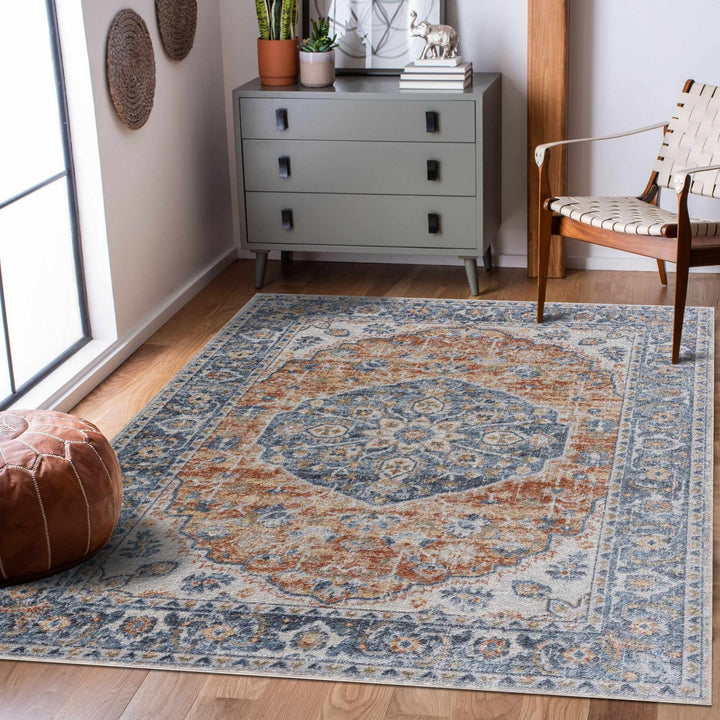 Hiti Traditional Style Turkish Design Rust and blue Rug - The Rug Decor