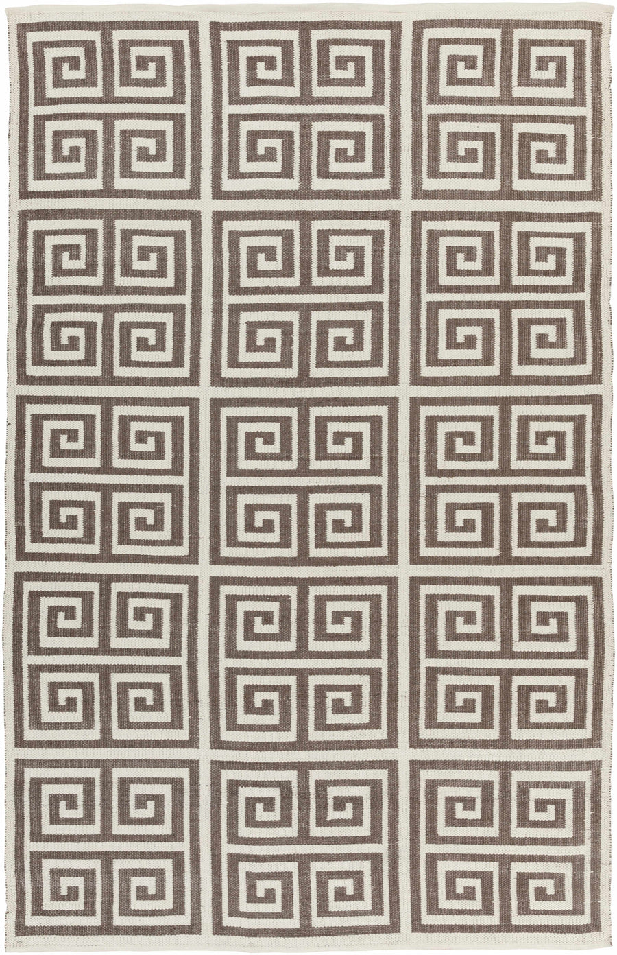 Outdoor area rug with beige and brown Greek key square geometric pattern