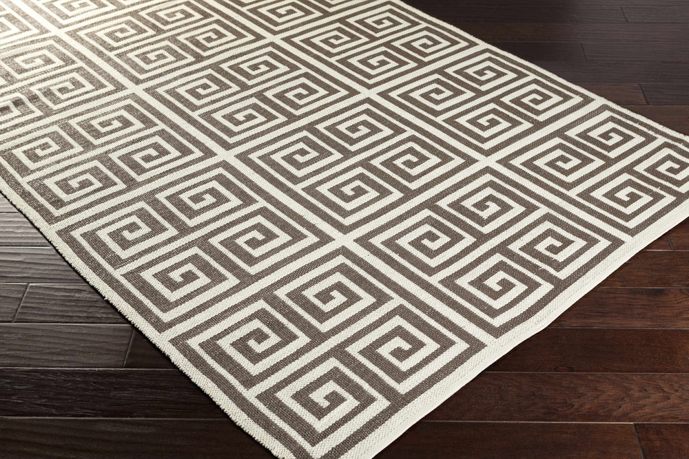 Geometrical outdoor area rug in beige and brown with Greek key diamond pattern