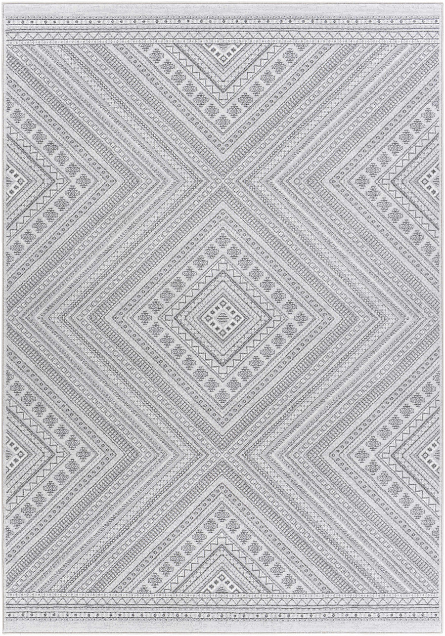Geometric area rug with gray lines and diamond pattern on light background