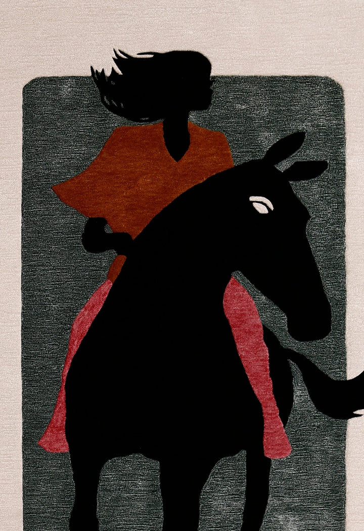 Horse Rider Pattern Beige And Black Hand Tufted 5x8 Wool Rug - The Rug Decor