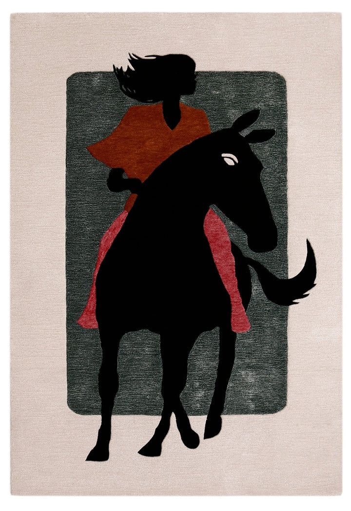 Horse Rider Pattern Beige And Black Hand Tufted 5x8 Wool Rug - The Rug Decor