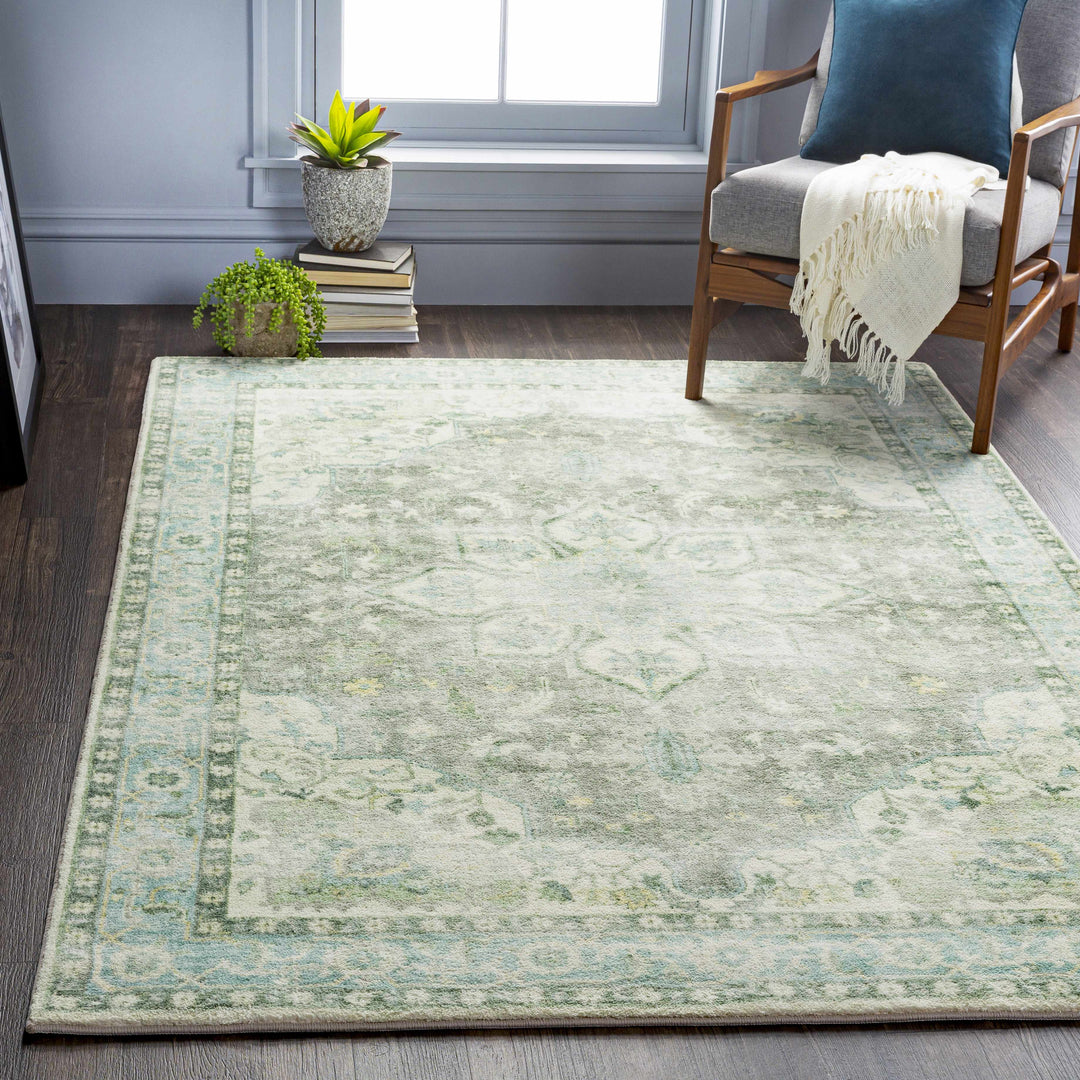 Harrisdale Green And Ivory Traditional Medallion Design Area Rug