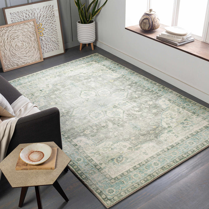 Harrisdale Green And Ivory Traditional Medallion Design Area Rug