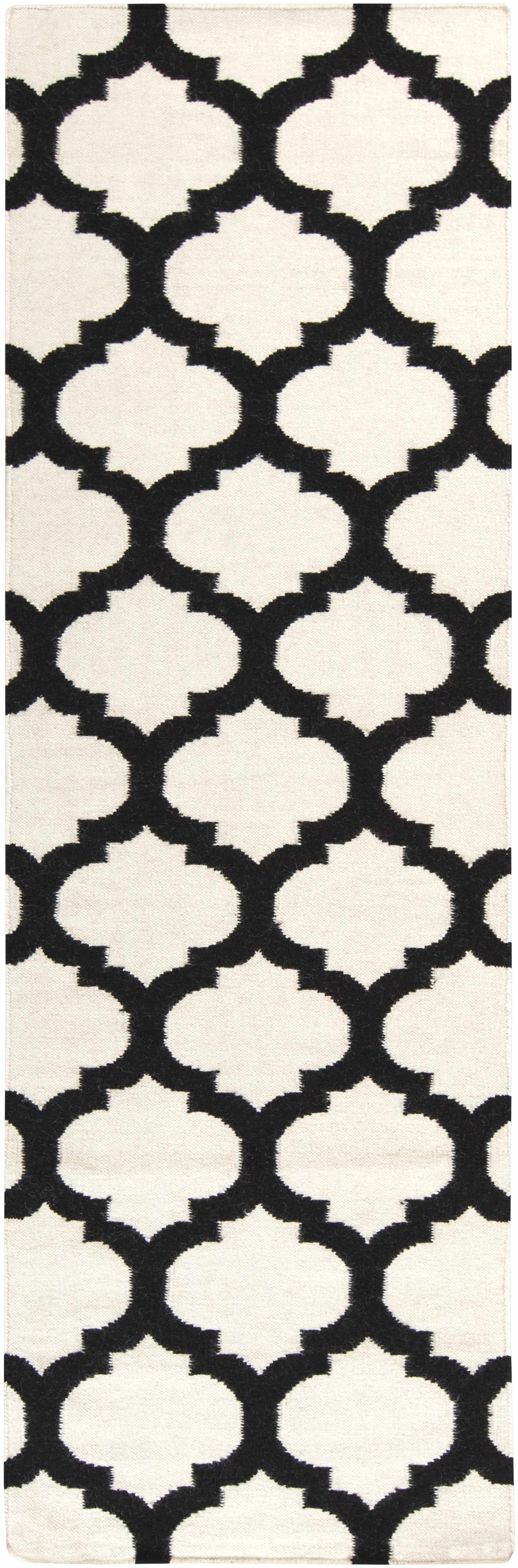 Hand-woven area rug, ivory and black geometric trellis pattern in vertical crop