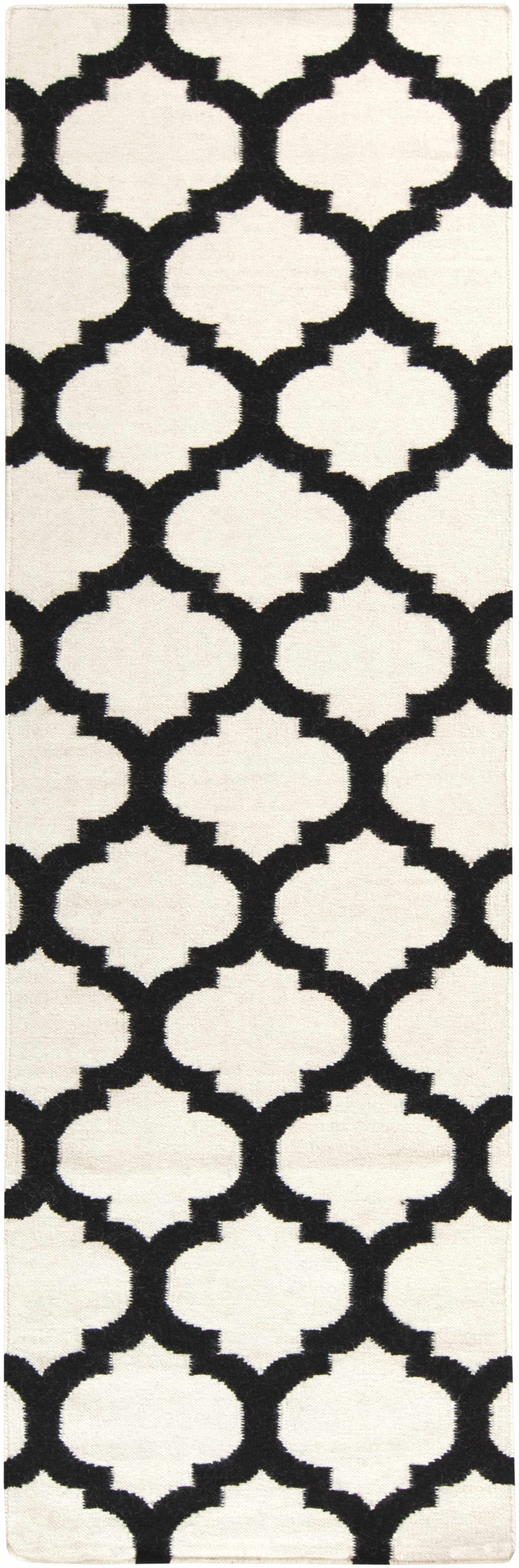 Hand-woven area rug, ivory and black geometric trellis pattern in vertical crop