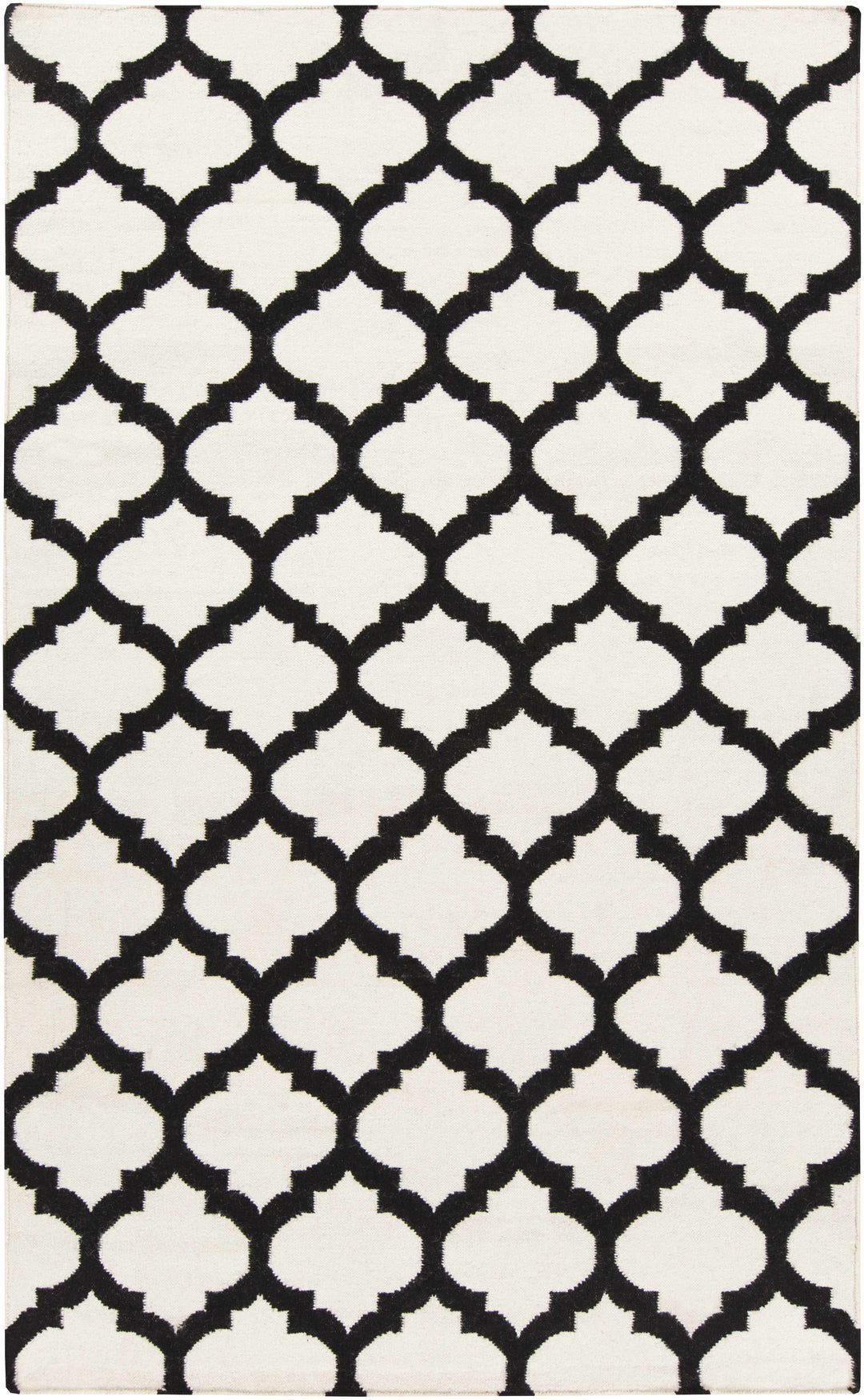Hand-woven area rug with ivory and black geometric trellis pattern, flat weave