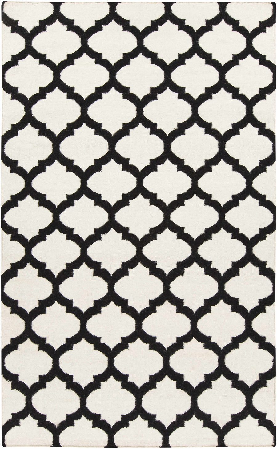 Hand-woven area rug with ivory and black geometric trellis pattern, flat weave