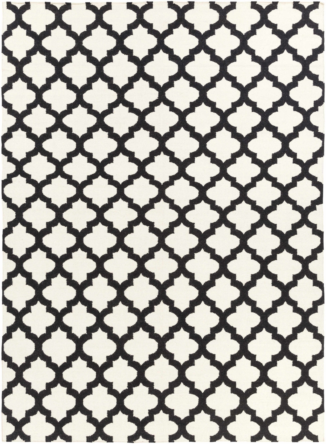Hand-woven area rug with repeating ivory and black geometric trellis pattern, full view