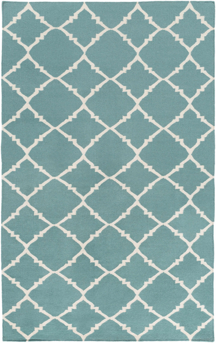 Blue hand-woven area rug with white quatrefoil lattice pattern and geometric border