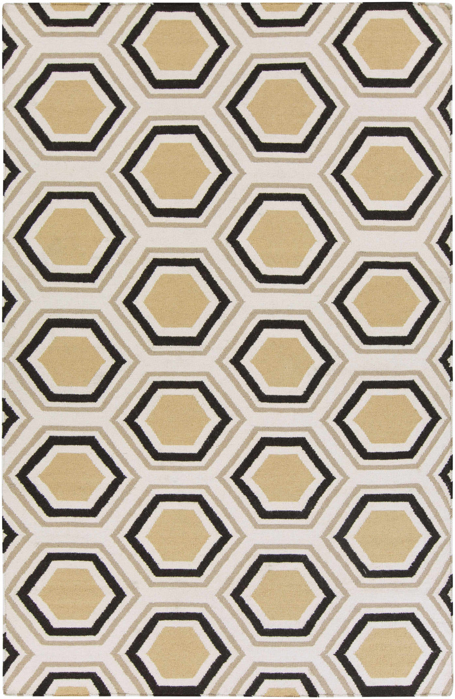 Geometric area rug with beige and black hexagon pattern on light ivory ground