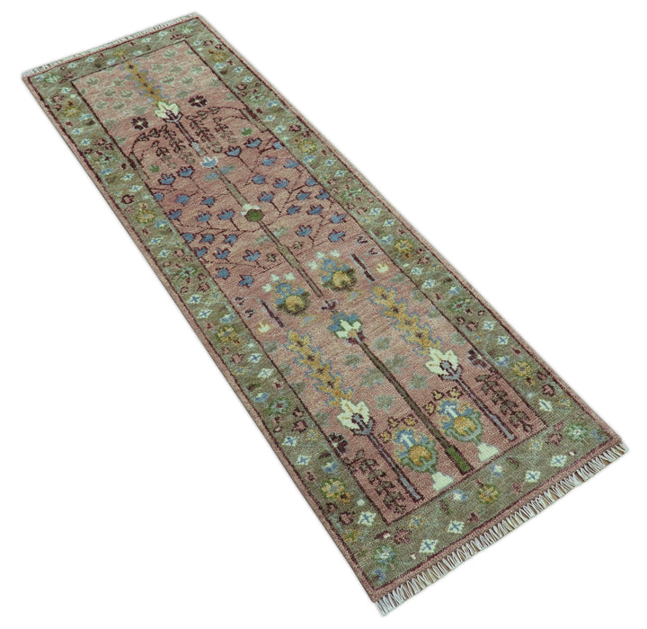 In stock 3x9 Tree of life Pink And Olive Hand Knotted Wool Rug - The Rug Decor