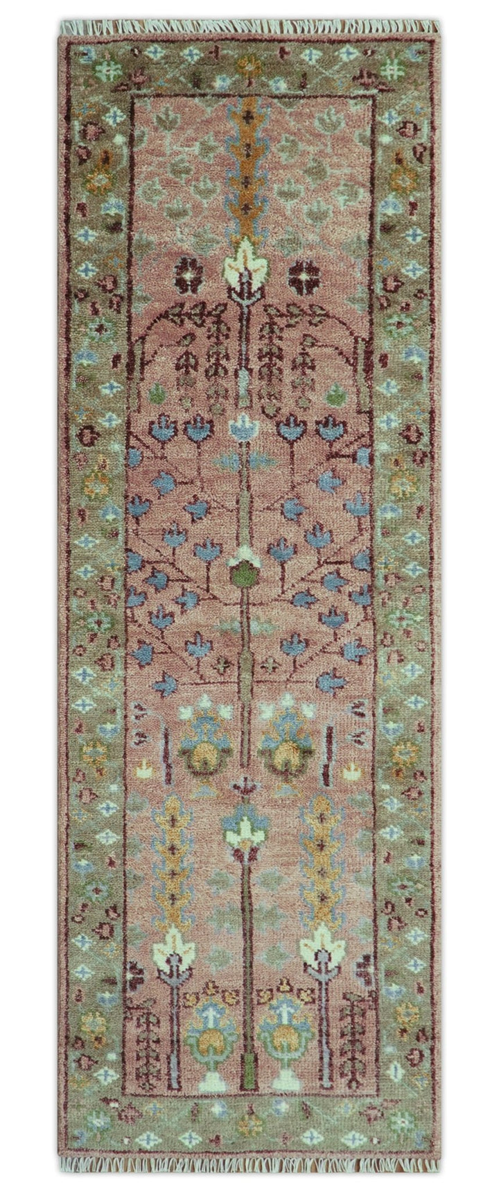 In stock 3x9 Tree of life Pink And Olive Hand Knotted Wool Rug - The Rug Decor