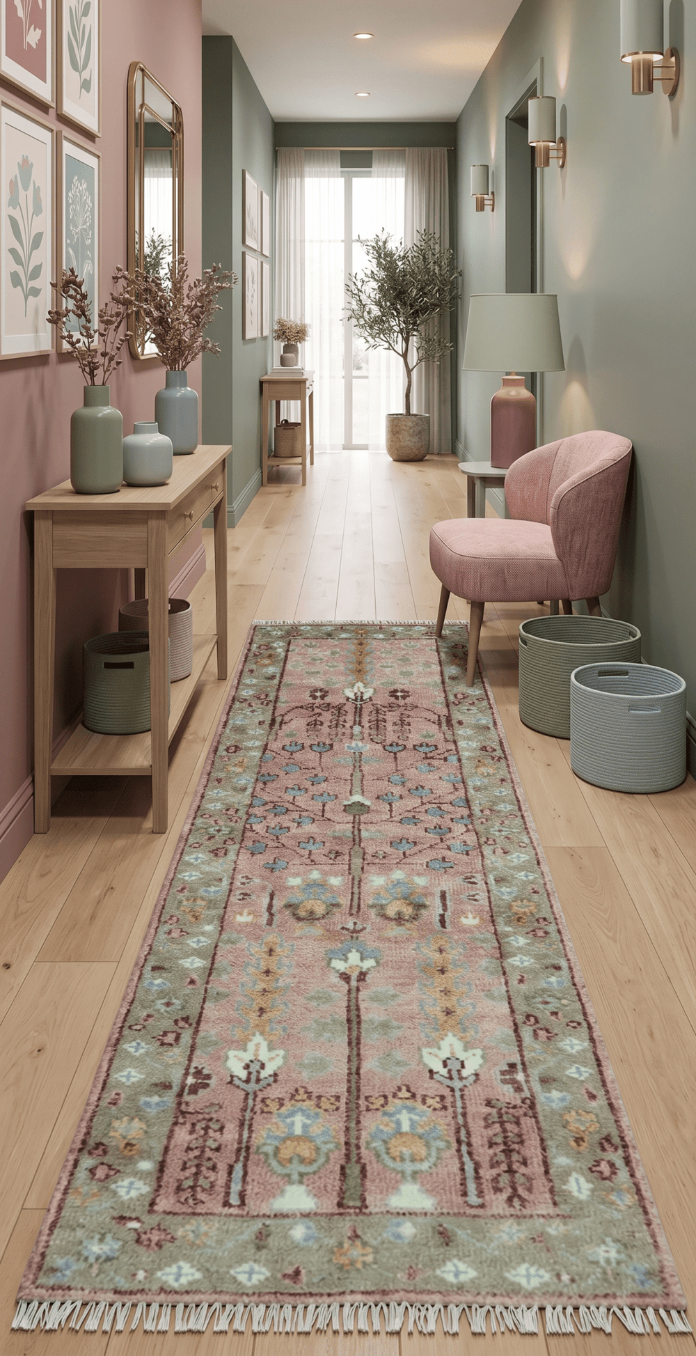 In stock 3x9 Tree of life Pink And Olive Hand Knotted Wool Rug - The Rug Decor