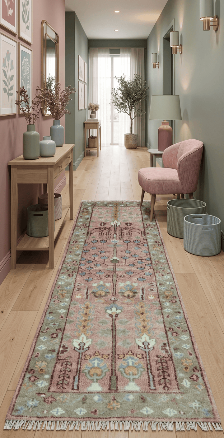In stock 3x9 Tree of life Pink And Olive Hand Knotted Wool Rug - The Rug Decor