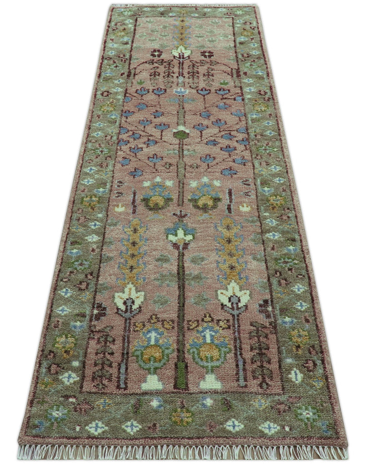In stock 3x9 Tree of life Pink And Olive Hand Knotted Wool Rug - The Rug Decor