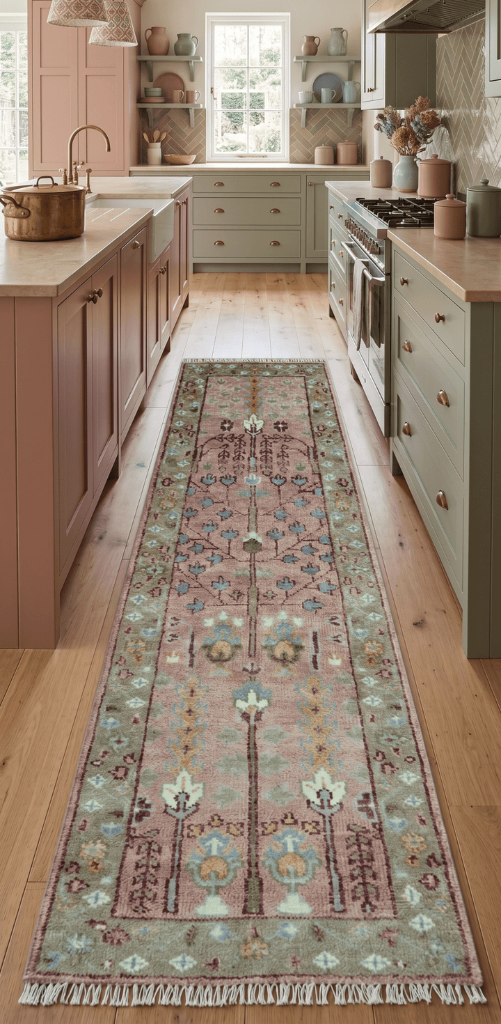 In stock 3x9 Tree of life Pink And Olive Hand Knotted Wool Rug - The Rug Decor